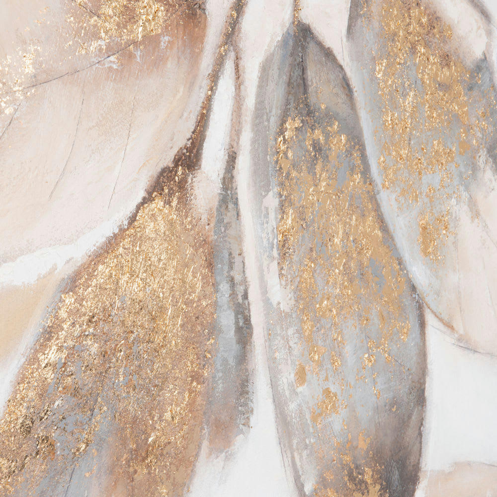 AMANDA - Toile imprimée et peinte feuilles écrues, grises et dorées 70x70