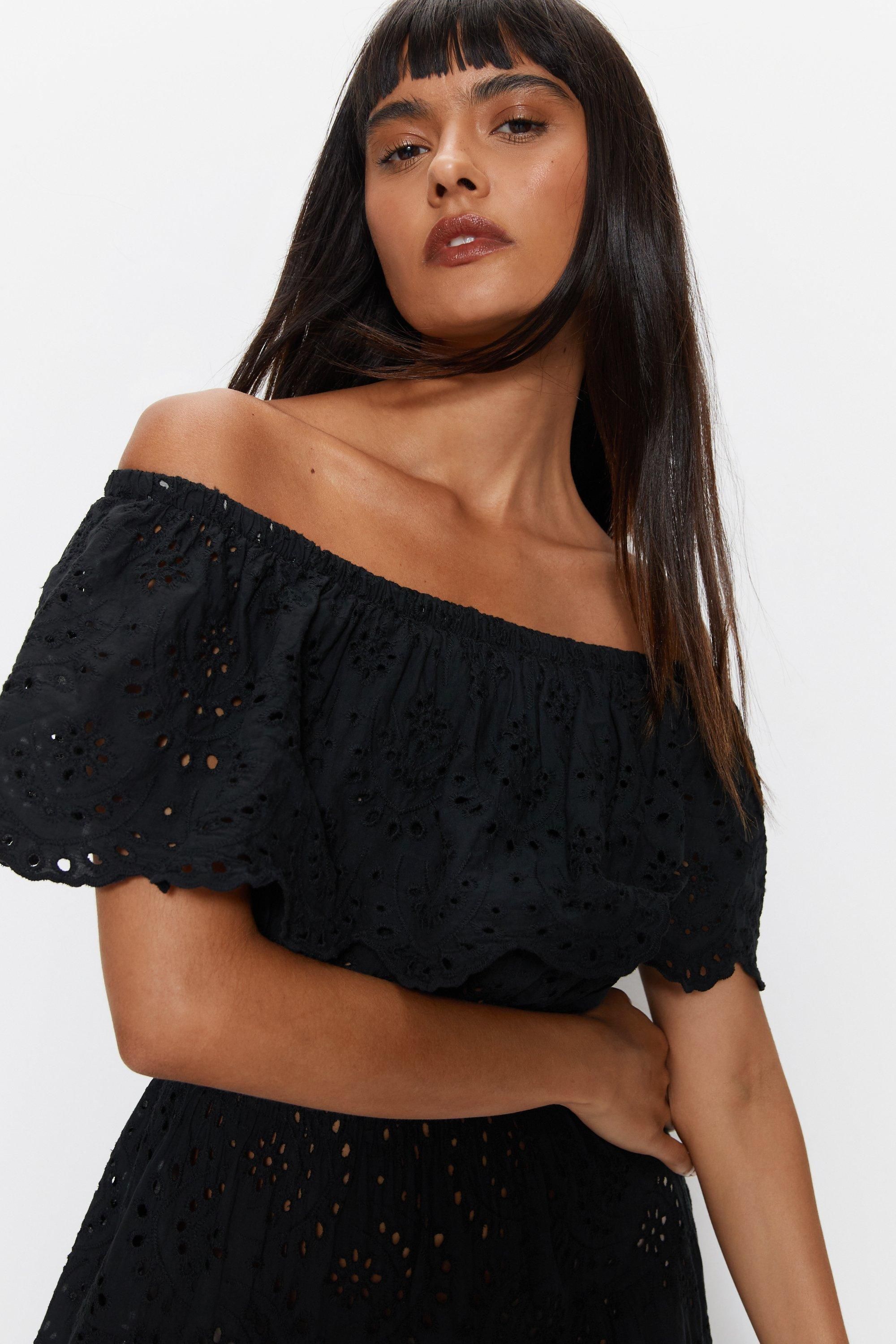Warehouse Broderie Tiered Off Shoulder Beach Dress