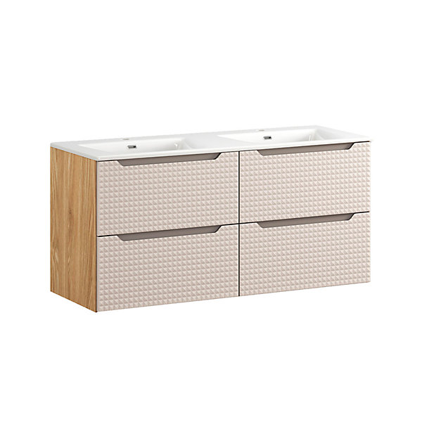 Ensemble meuble double vasque encastree 120cm et colonne Mallory Beige et bois