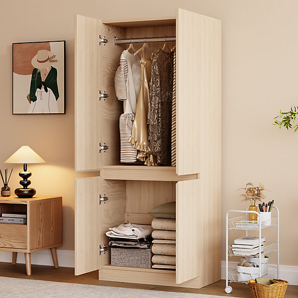 Armoire 70x40x170 cm avec penderie et grand compartiment, portes doubles en bois naturel, design moderne