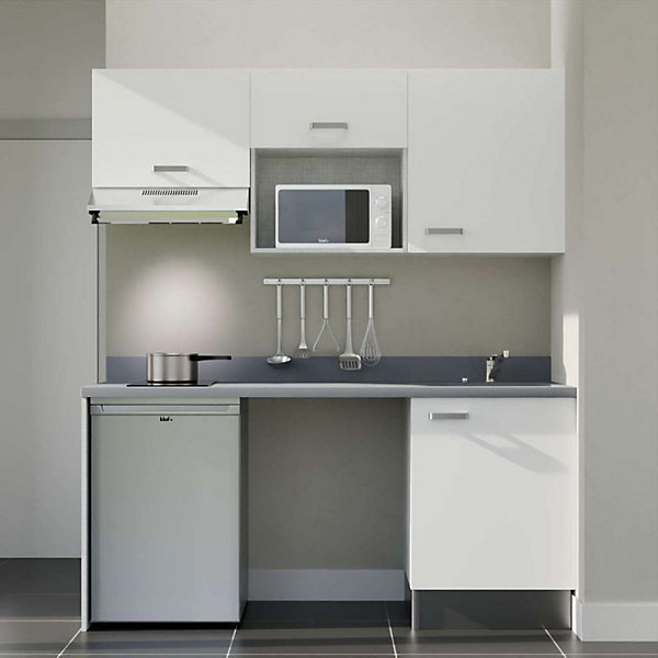 Kitchenette K55 - 180 cm - façades Blanc - Plan monobloc en quartz coloris Cromo évier à droite - Electroménager Inox