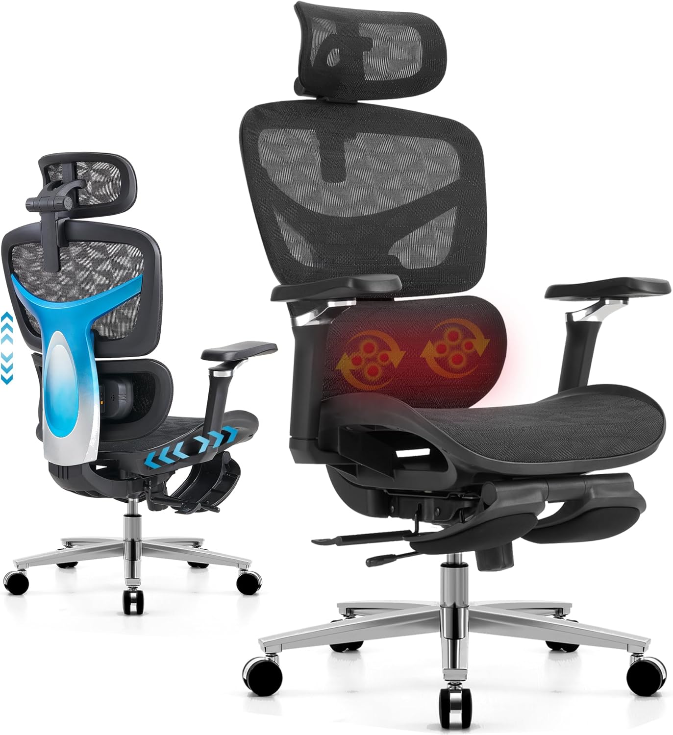 Ergonomic Office Chair with Footrest & Massage Lumbar Support – 4D Headrest & 6D Armrests, Reclining Big and Tall 400LBS Mesh Chair, Adjustable Seat Depth & Back Height, for Home Office/Gaming (Black)