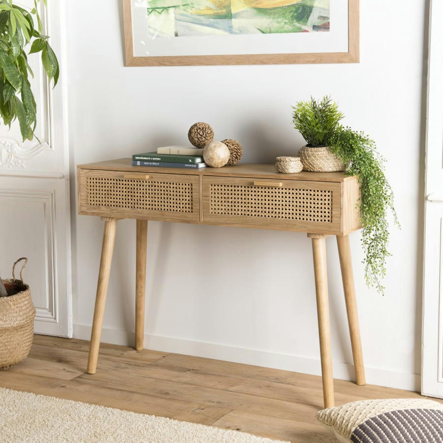 ROMEO - Console en pin couleur naturelle 2 tiroirs cannage