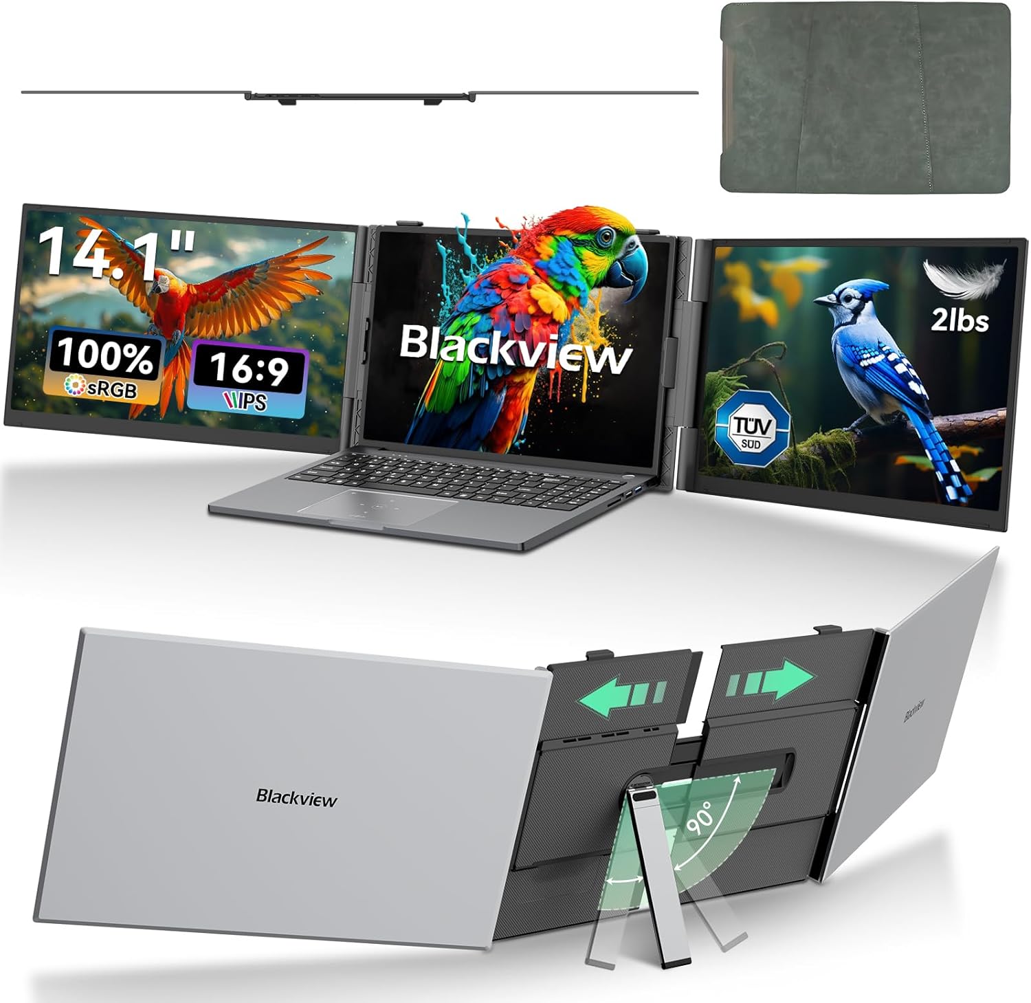 Blackview DCM6 Triple Laptop Screen Extender 14 1080P FHD IPS Portable External Screen Two Cable USB C Travel for 13-17'' Laptop Plug & Play Compatible with Windows/Mac/Chrome OS and Mobile Devices
