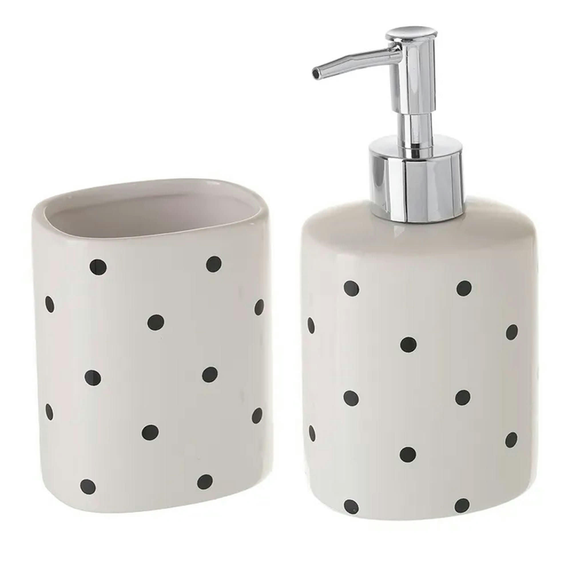POIS - Set salle de bain blanc pois noirs distributeur savon et verre