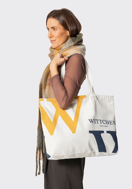 Duża torba płócienna z wyrazistym logo kremowo - granatowa