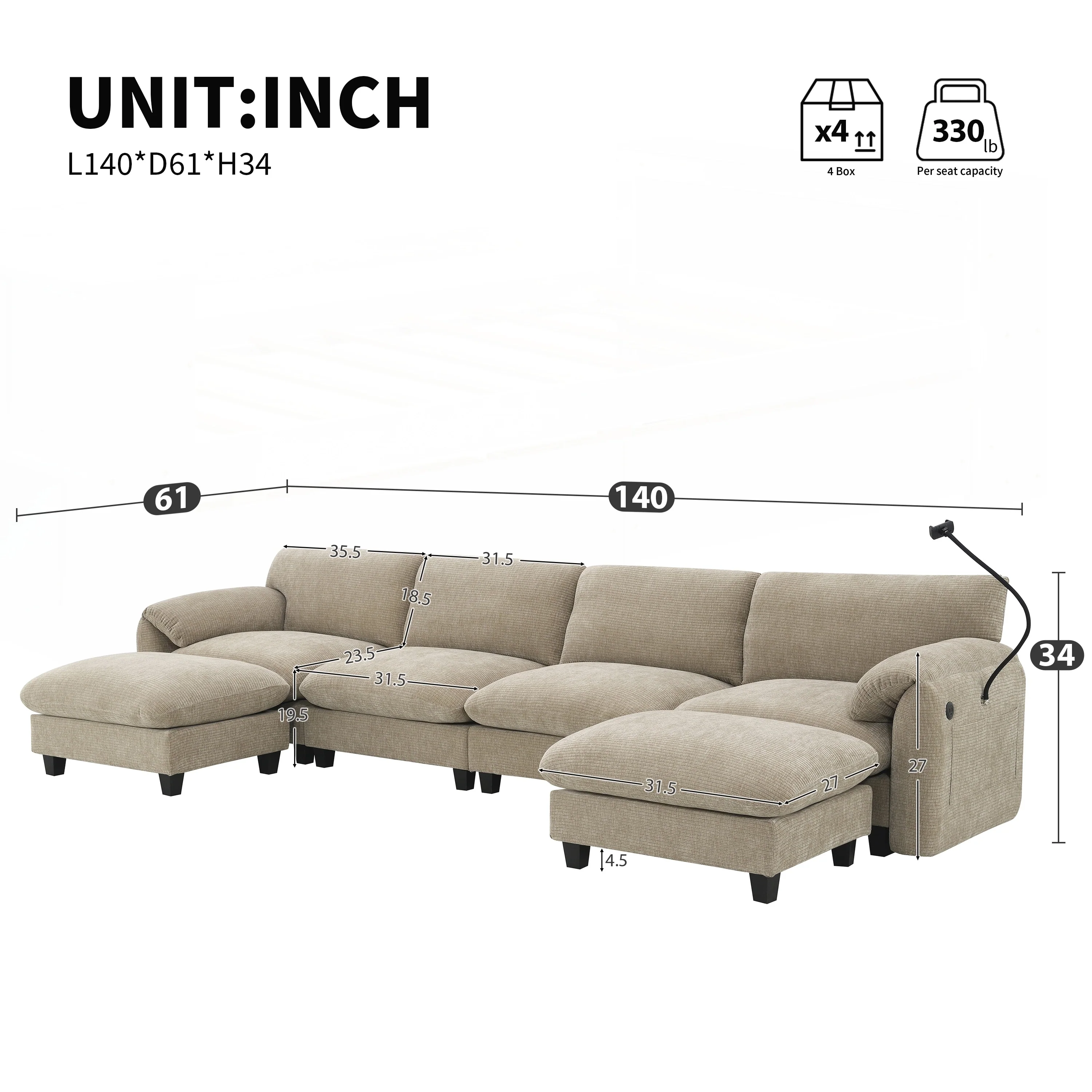 140 Inch Modular Sectional Sofa