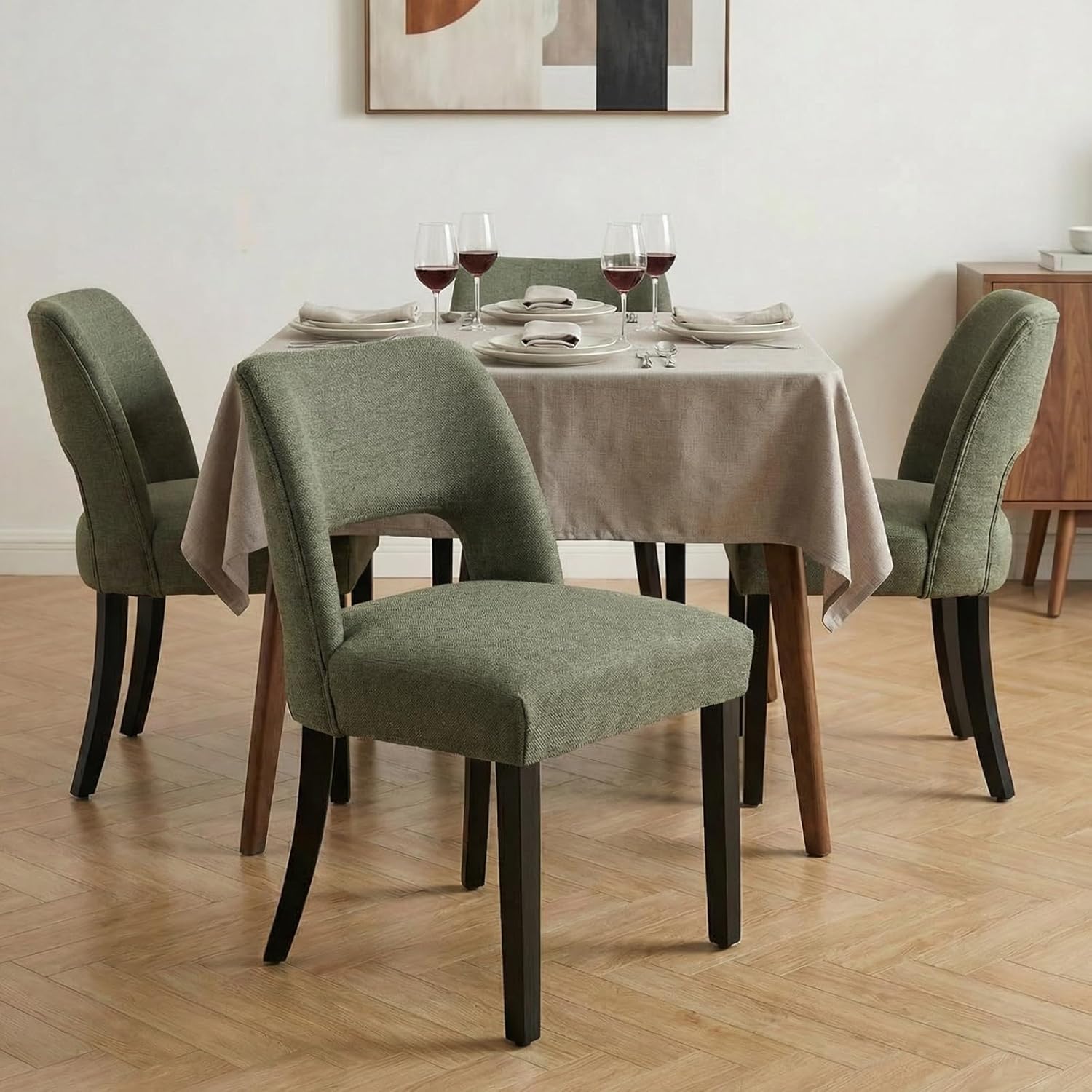 keoni Wooden Dining Chairs Set of 4, Mid Century Modern Upholstered Dining Room Chairs with Black Wood Legs, Fabric Farmhouse Kitchen Chairs with Foot Pegs for Dining Room, Green