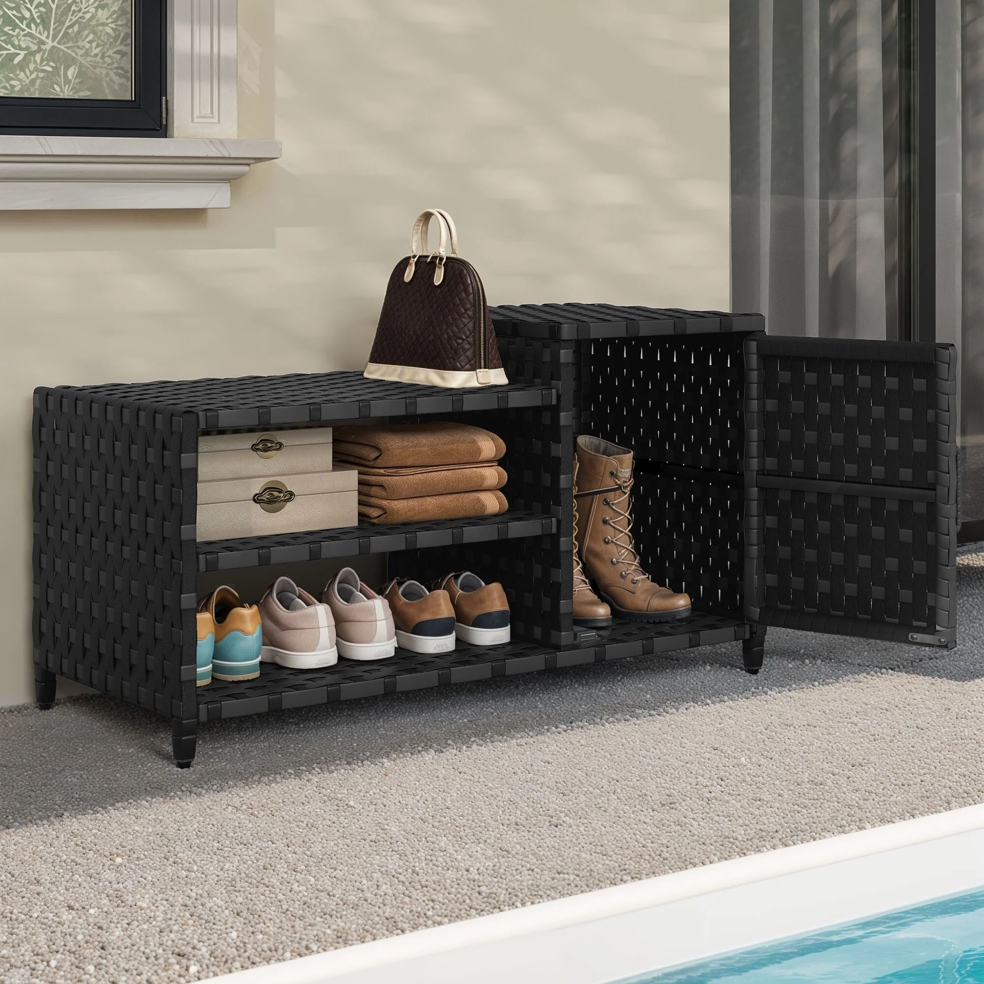 Moasis All Weather Wicker Shoe Organizer with Open Shelf and Cabinet