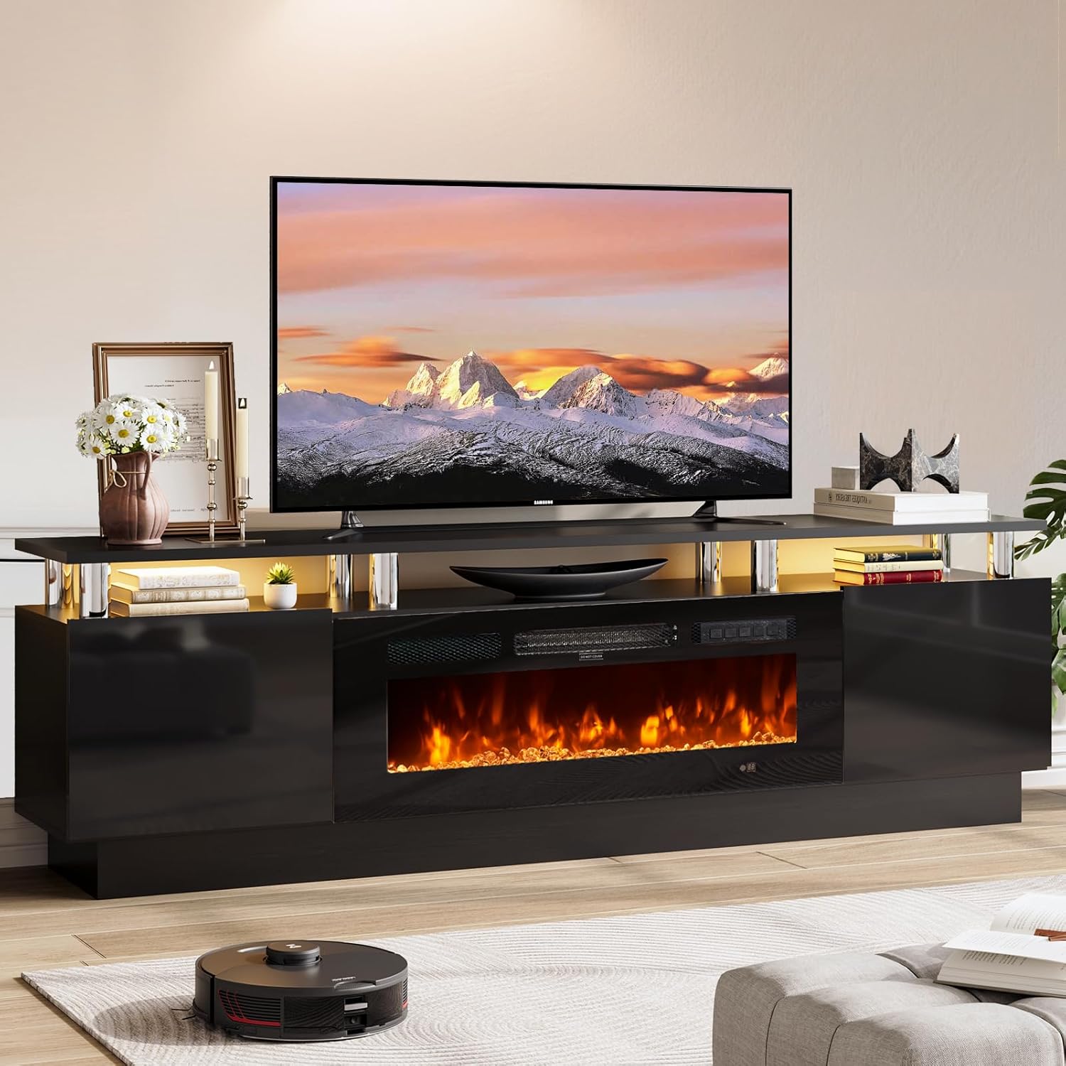 70 TV Stand for Living Room, Modern Entertainment Center & Media Console, Fits TVs up to 80, Storage Cabinet with Shelves, 36 Electric Fireplace with LED Flame (All Black)