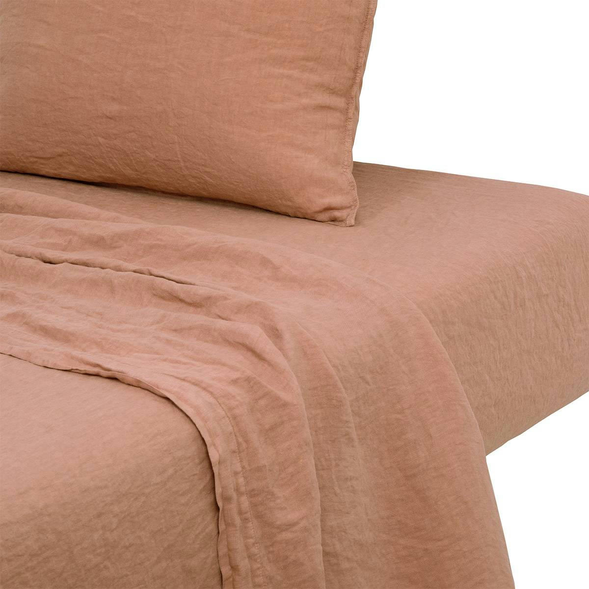 PETIT JOUR - Drap plat en  lin lavé rose 180 x 290 cm