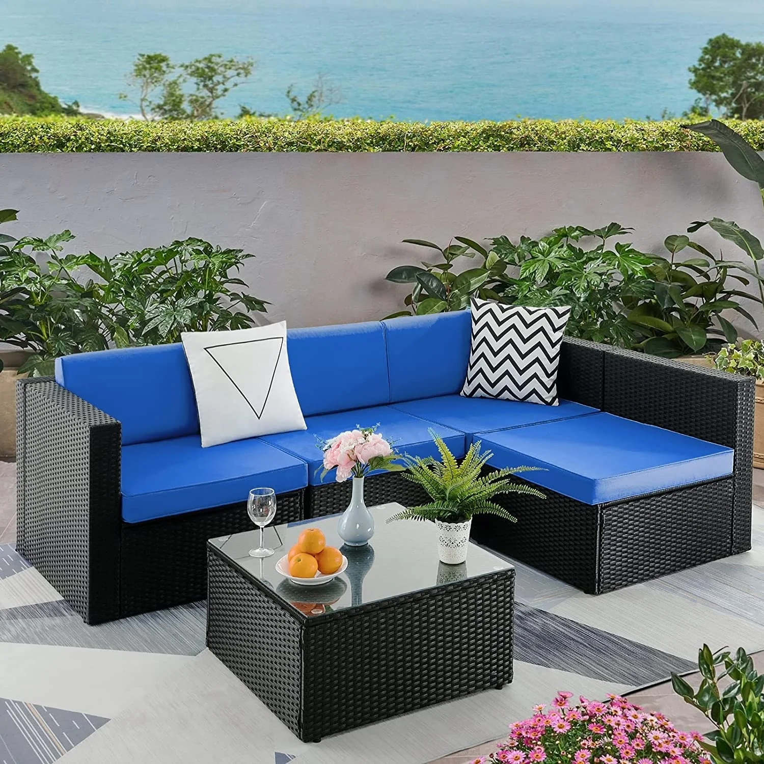 Bossin 5 Pieces Outdoor Patio Furniture Sets Patio Sofa, Outdoor Indoor Wicker Conversation Set with Table