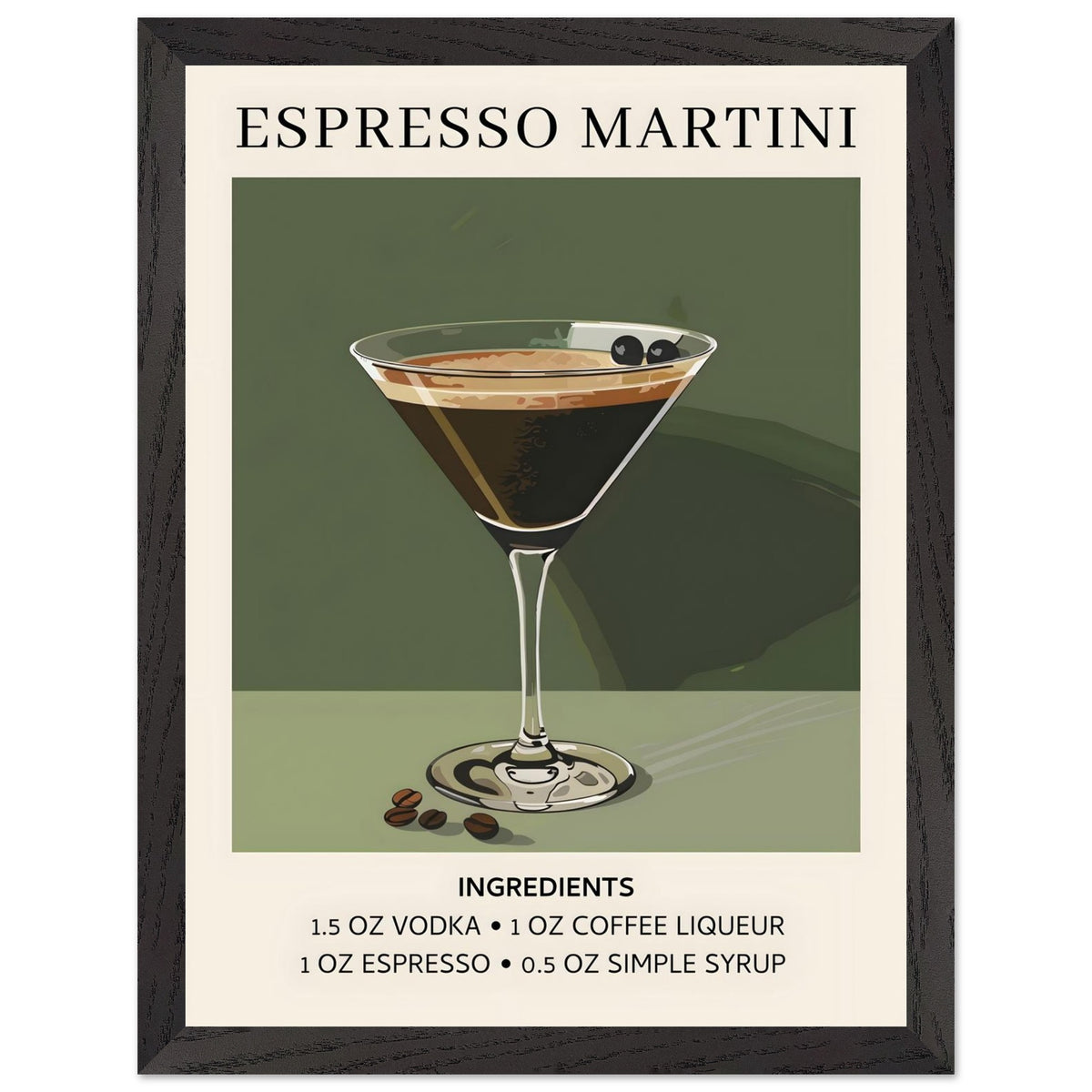 Artfulprints Poster met Lijst Espresso Martini cocktail - Ingrediënten  - 30x40 cm - Donkergroen