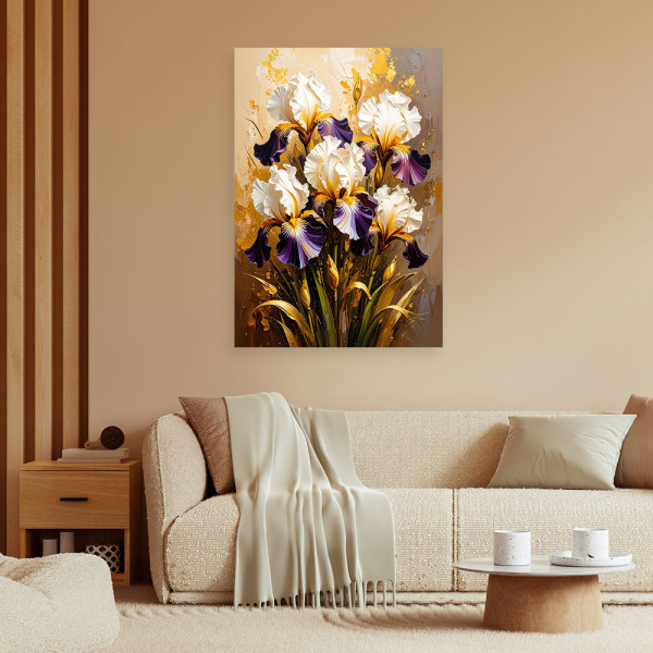 Feeby Obraz do salonu sypialni, Irysy Kwiaty na beżowym tle 40x60
