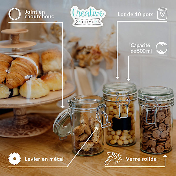Creative Home Lot de 10 Bocaux en Verre 500ml - Bocal en Verre avec Couvercle Hermétique - Boite Rangement Cuisine - Pot a epices