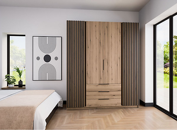Armoire à 4 portes avec lamelles et 3 tiroirs 200 cm KAJA chêne evoke
