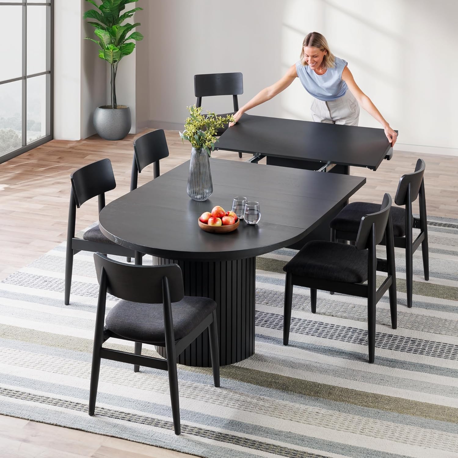 Transformer Table - Solid Wood Extendable Round Dining Table Set with 6 Chairs, Seats 2-10, Extendable Round Dining Set, Space-Saving Modern Furniture, Black (Table + 6 Chairs)