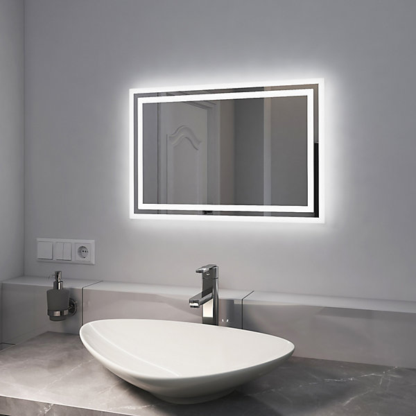 EMKE Miroir lumineux salle de bain 60x40cm,Miroir LED avec Interrupteur à bouton,Anti-buée,éclairage lumière Blanche Froide/Chaude
