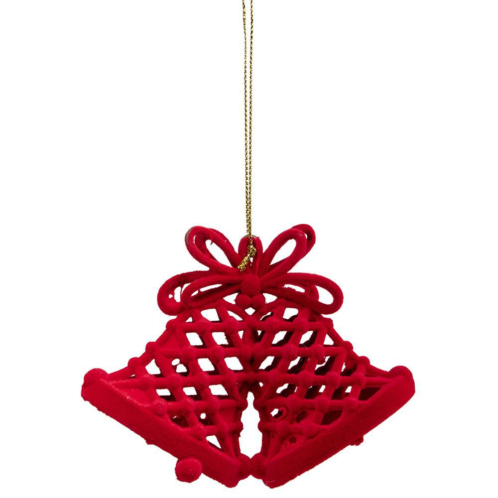 Suspension No&euml;l double cloche velours rouge H.10,5 cm