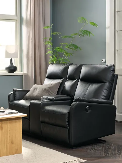 Sofa ABILDSKOV 2-pers. m/konsol sort kunstlæder