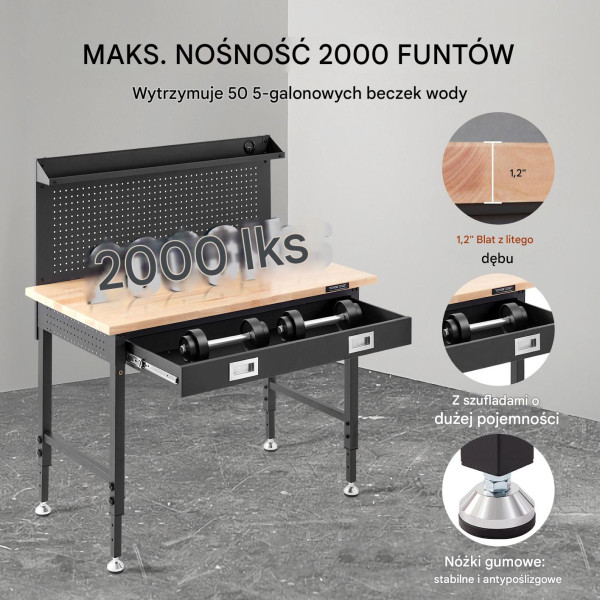 Stół warsztatowy roboczy narzędziowy do garażu haczyki 122 x 61 cm
