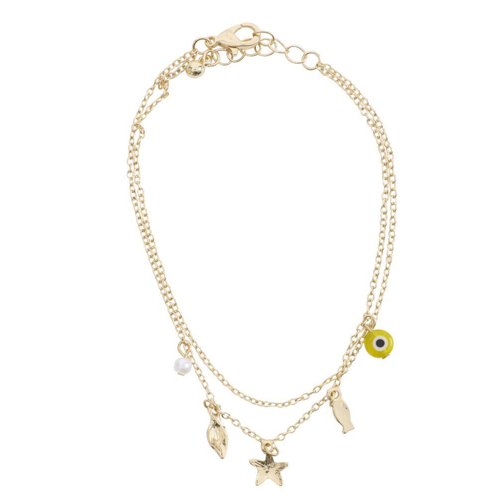 ChaÎne cheville 2 rangs pampilles et perles métal doré Ø11cm