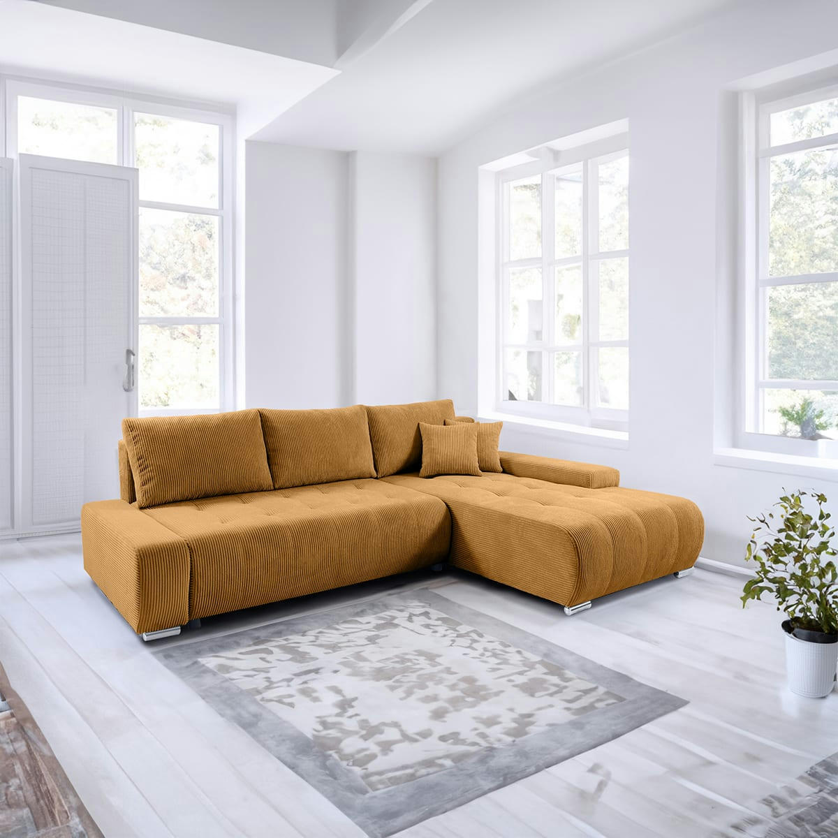 - Canapé d'angle convertible droit 4 places coffre velours côtelé jaune