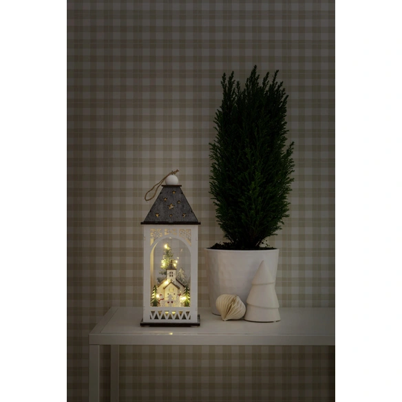 LED-Dekoration, Holzlaterne mit Kirche, ø: 11 cm, Batteriebetrieb, weiß