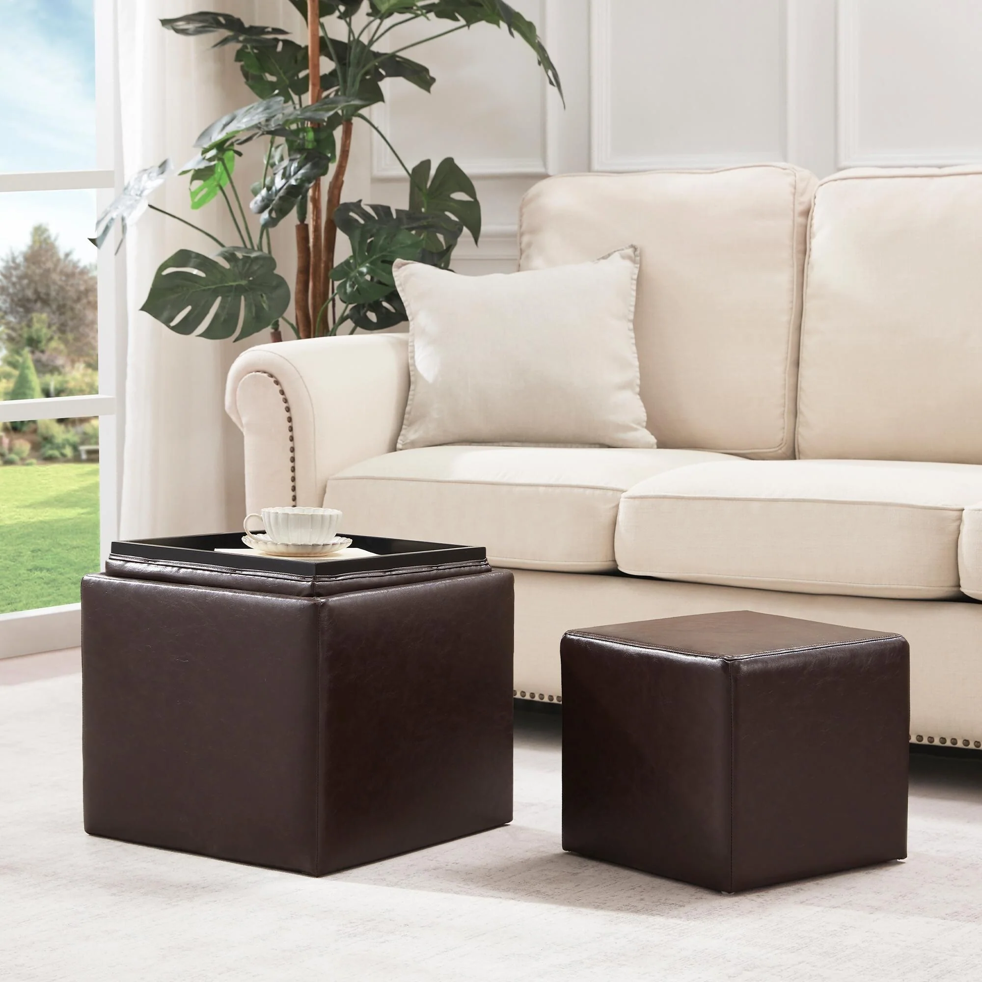 Square Storage Ottoman Set with Footstool and Tray