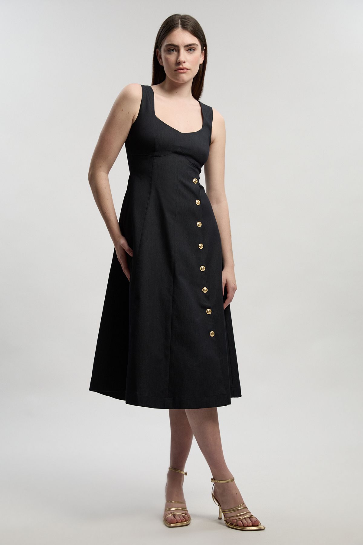 KarenMillen Tailored Denim Sleeveless Full Skirted Midi Dress