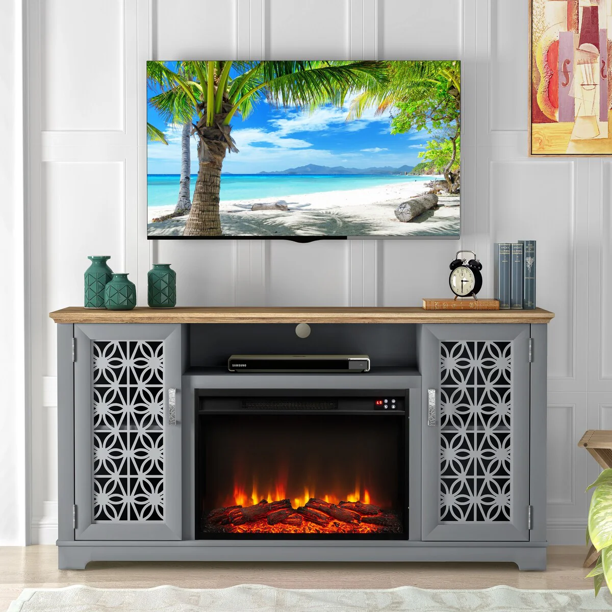 Farmhouse TV Stand with Electric Fireplace for up to 65 TVs - 60W x 31.5H x 15.5D