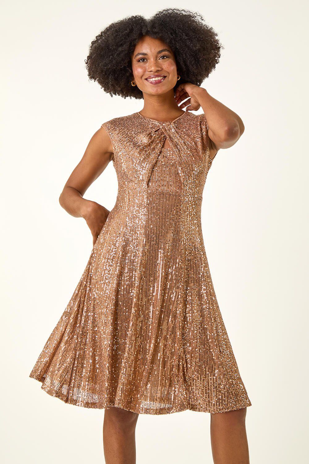 Roman Sequin Twist Front Stretch Dress