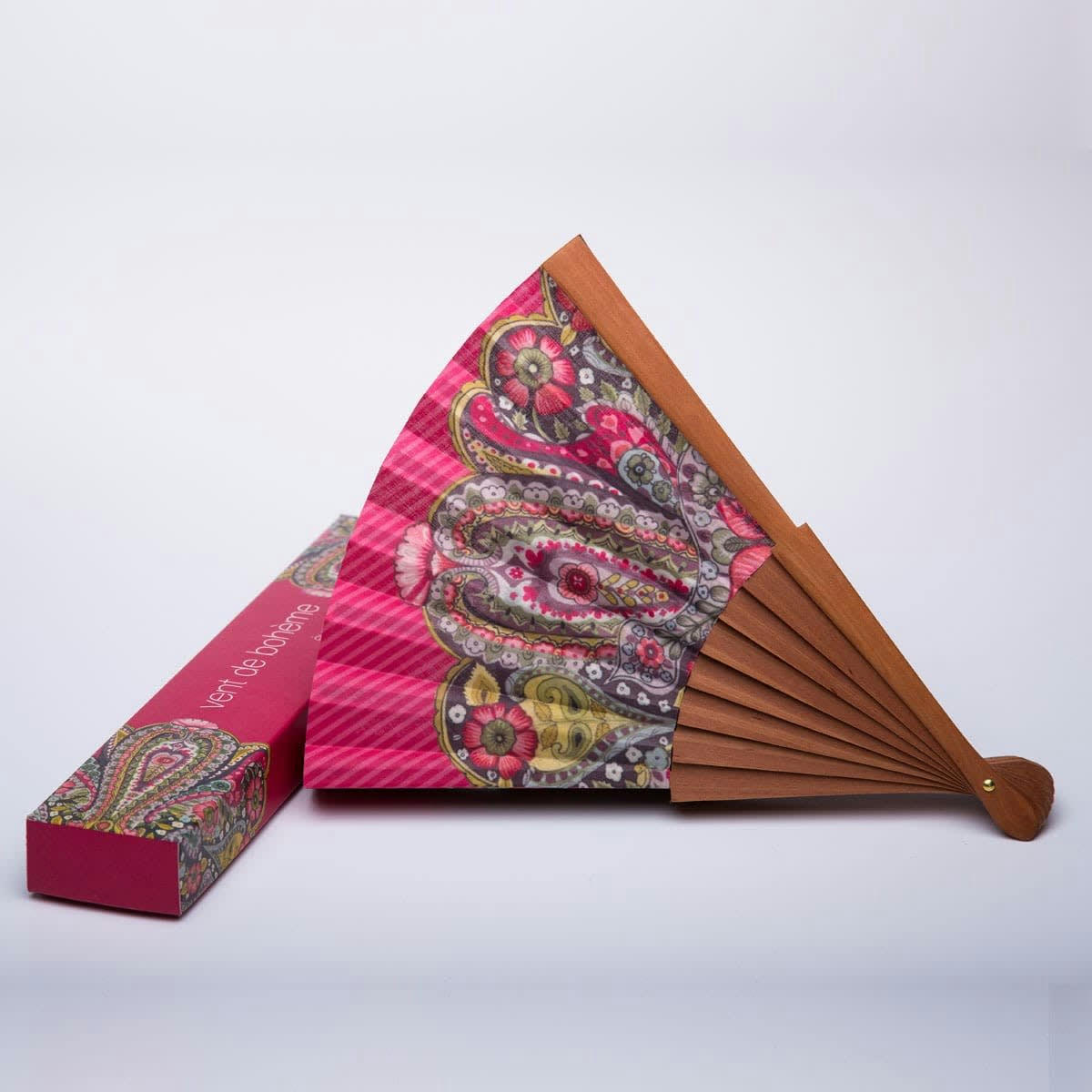 FLOWER - Éventail en bois de merisier et coton motif Fleuri framboise