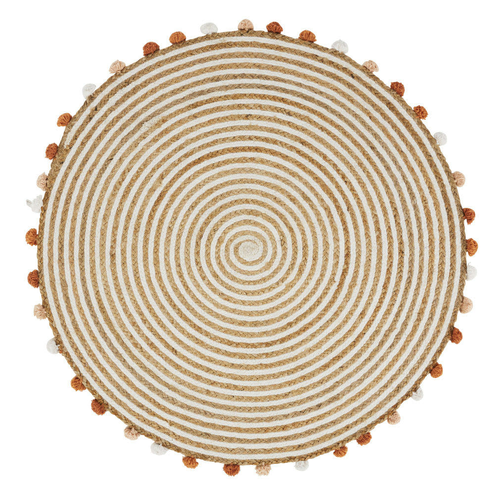 - Tapis rond spirale coton et jute avec pompons