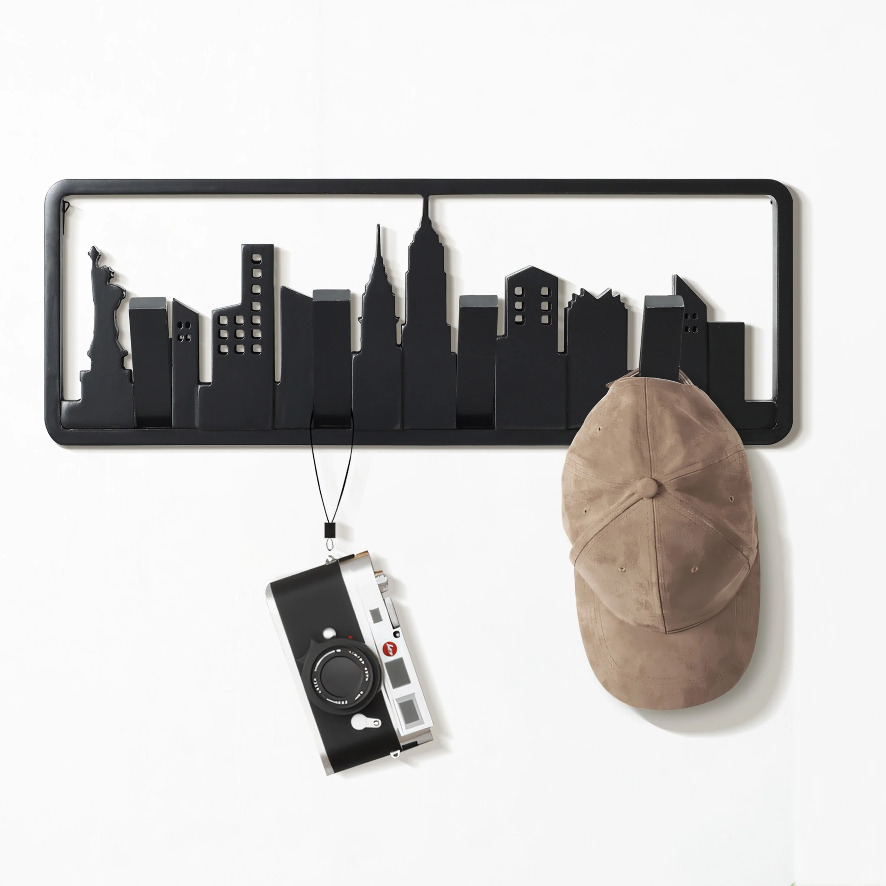 Black Wood 4-Hook Wall-Mounted Coat and Towel Rack - 22.3 Wide