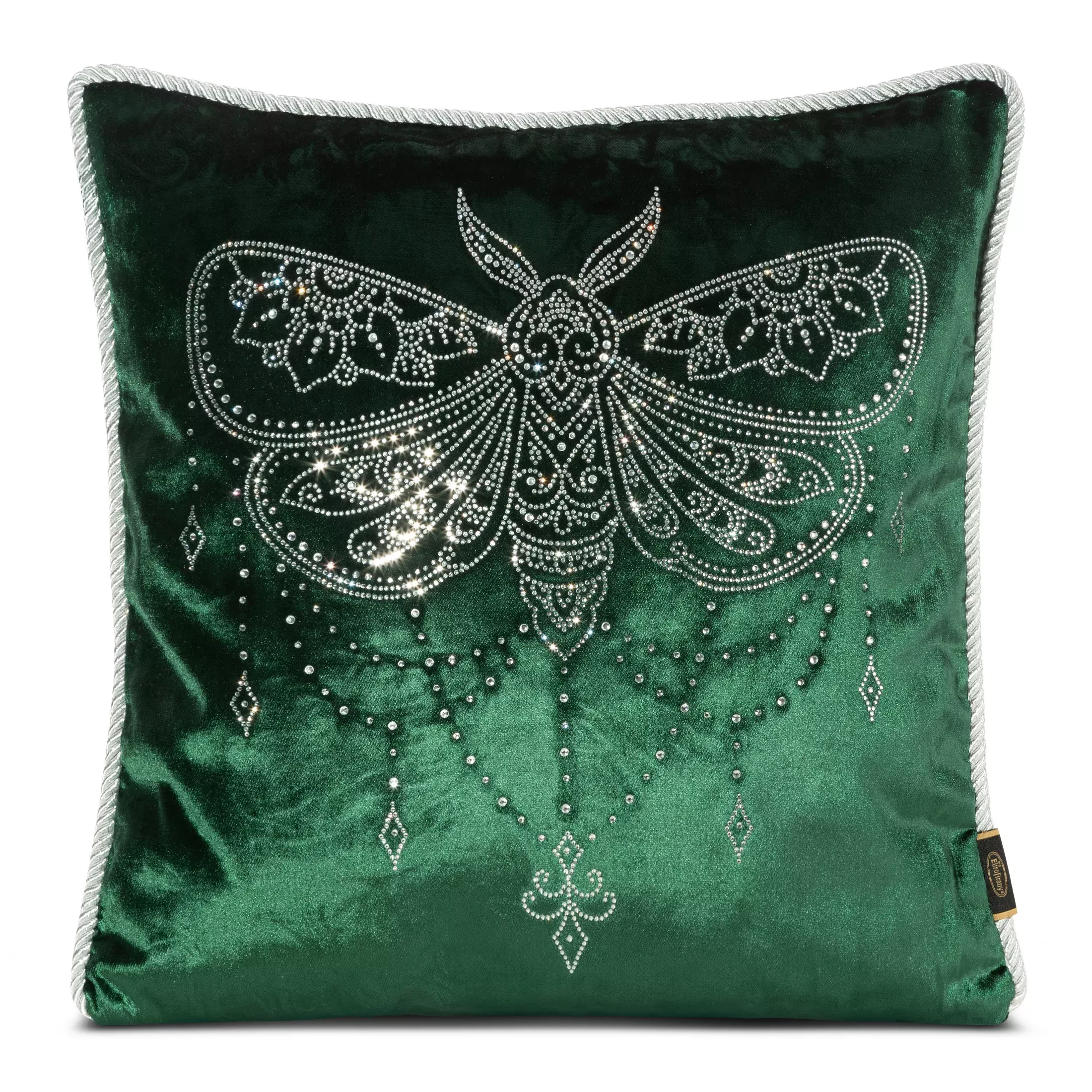 Poszewka na poduszkę 45x45 cm welwetowa, ciemnozielona zdobiona wzorem motyla z kryształków ROYAL 8