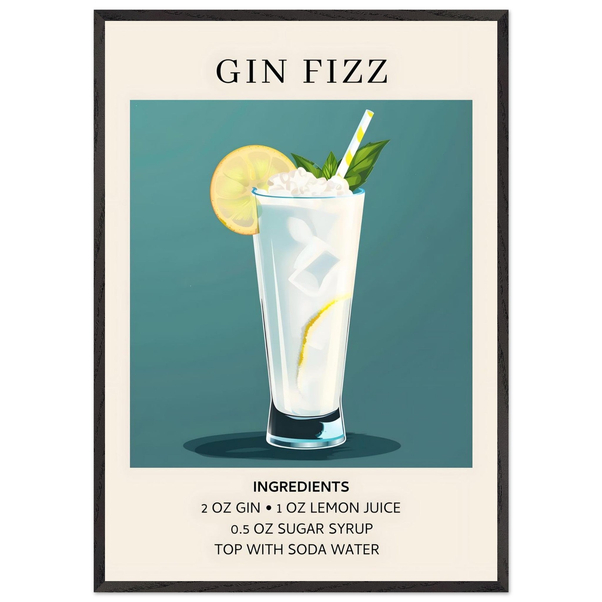 Artfulprints Poster met Lijst Gin Fizz cocktail - Ingrediënten  - 70x100 cm - Blauw
