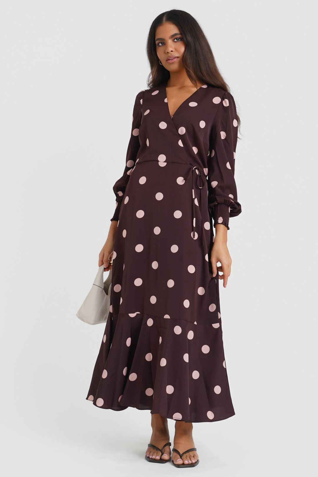 Needs No Label Berry Polka Dot Long Sleeve Wrap Midi Dress