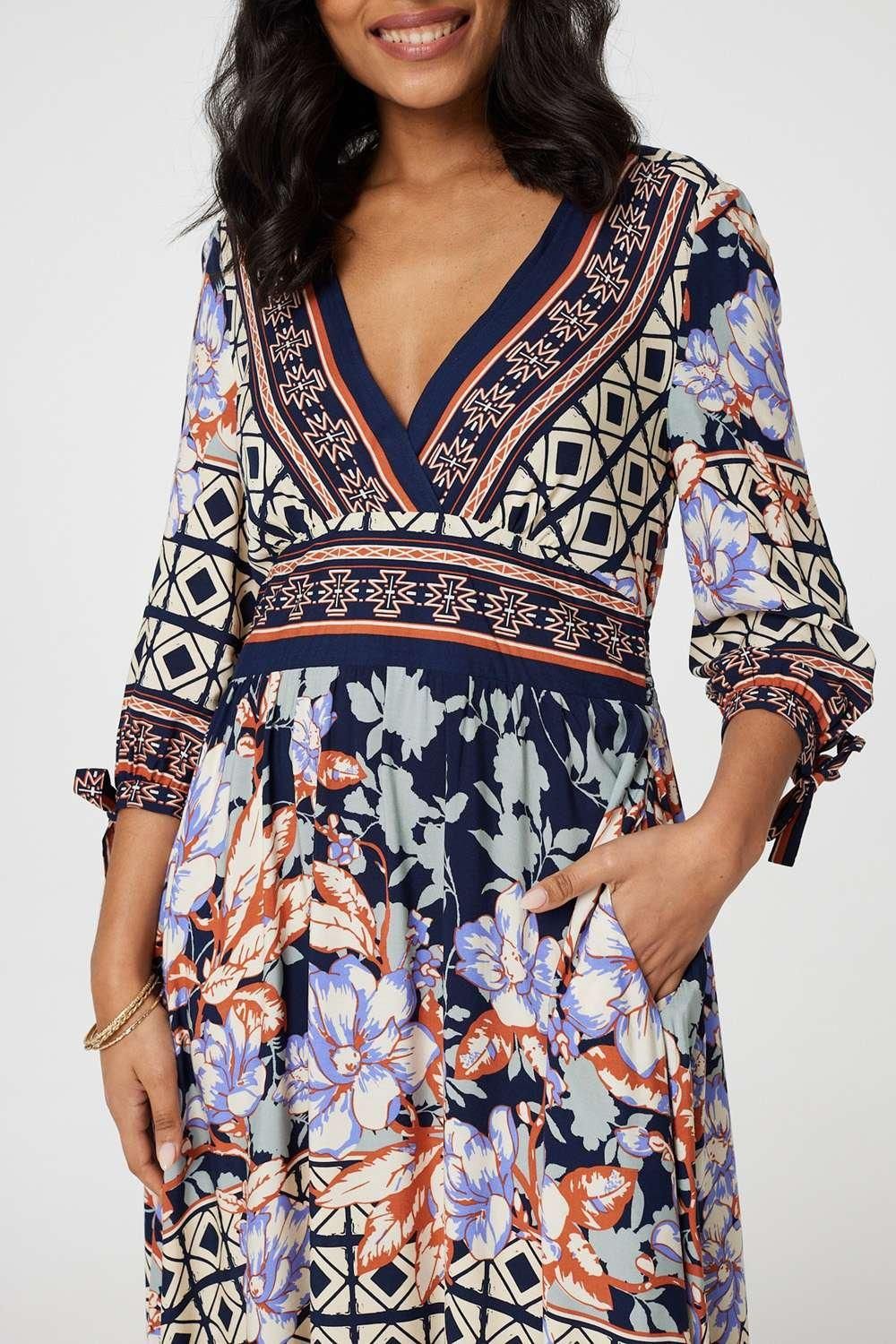 Izabel London Floral Border Print V-Neck Midi Dress