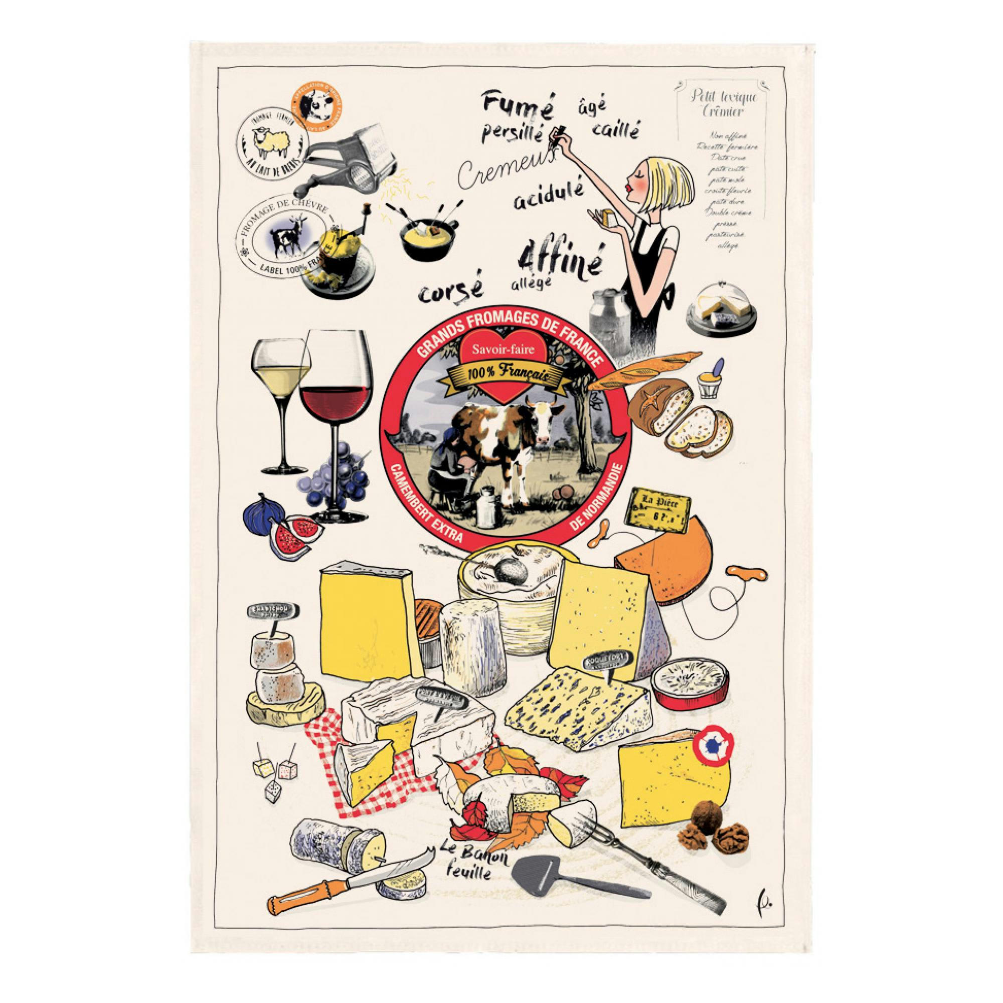VINTAGE - Torchon les grands fromages en coton ecru 48 x 72