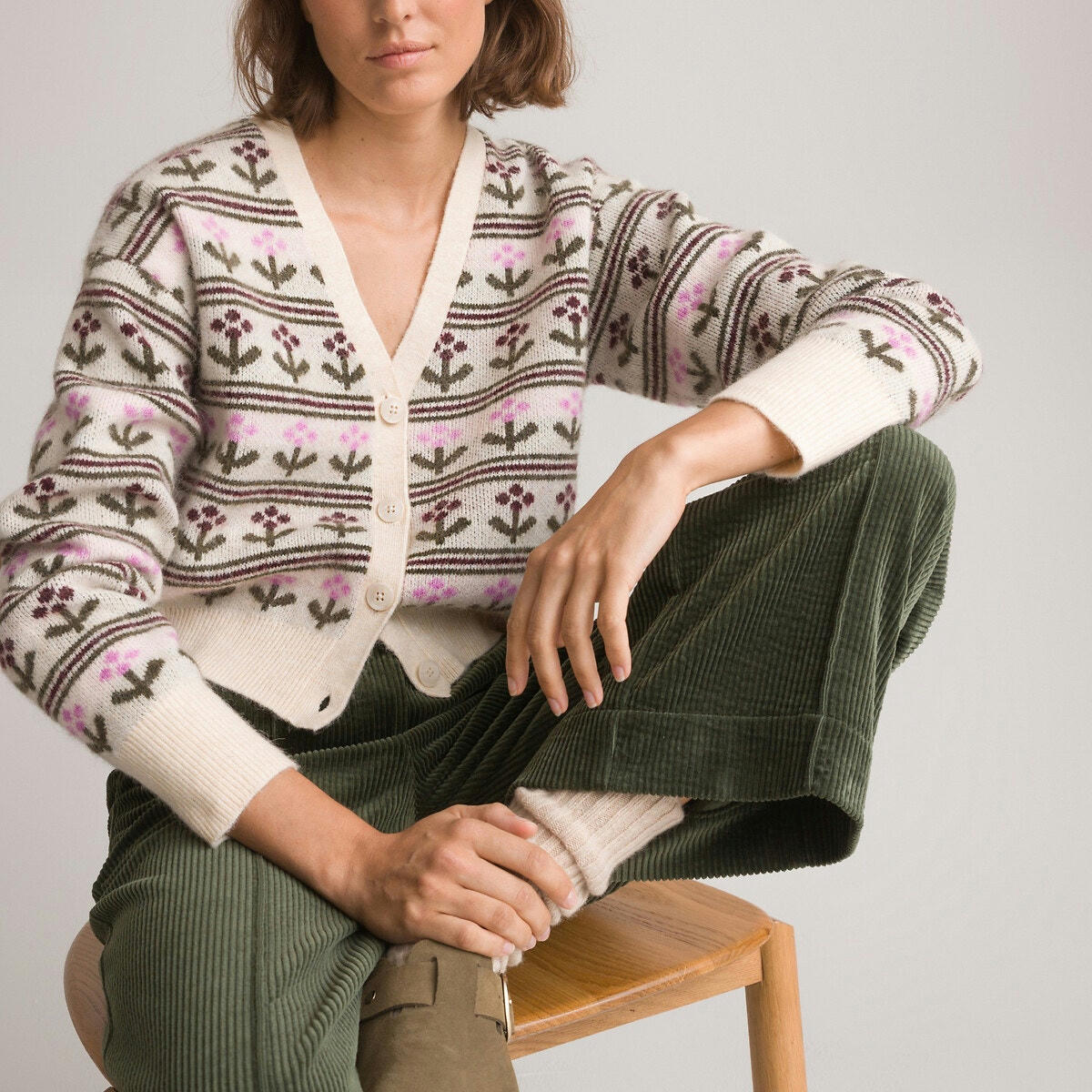 Gilet en maille jacquard, motif fleurs