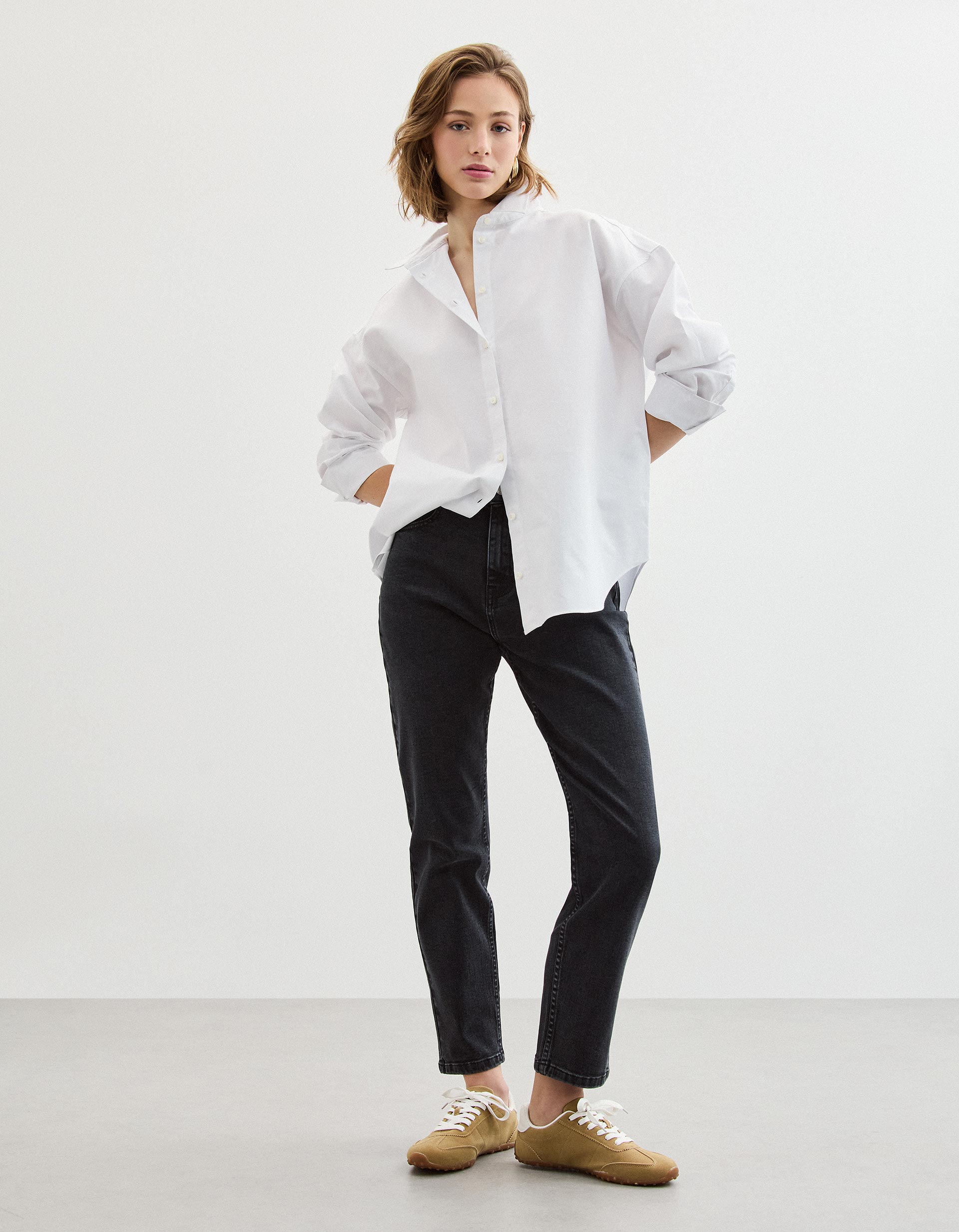 Calças de Ganga 'Tapered Mom Fit', Mulher, Preto