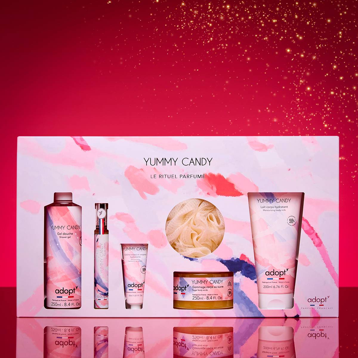 Yummy CandyCoffret Maxi eau de parfum 30 ml   lait corps 200 ml  gel douche 250 ml   gommage 250 ml   crème main 30 ml   fleur de bai