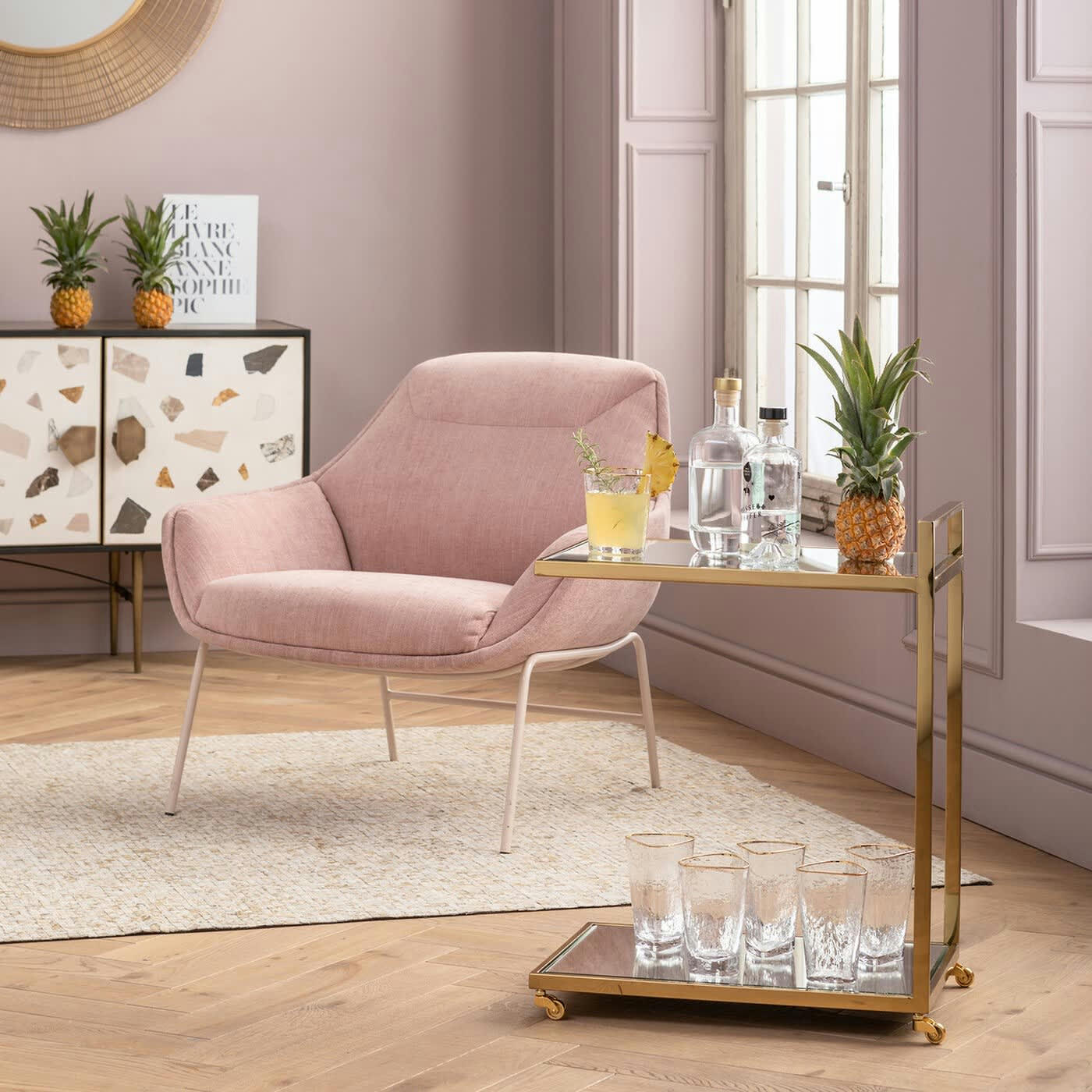 CLASSY - Desserte en verre miroir et acier doré