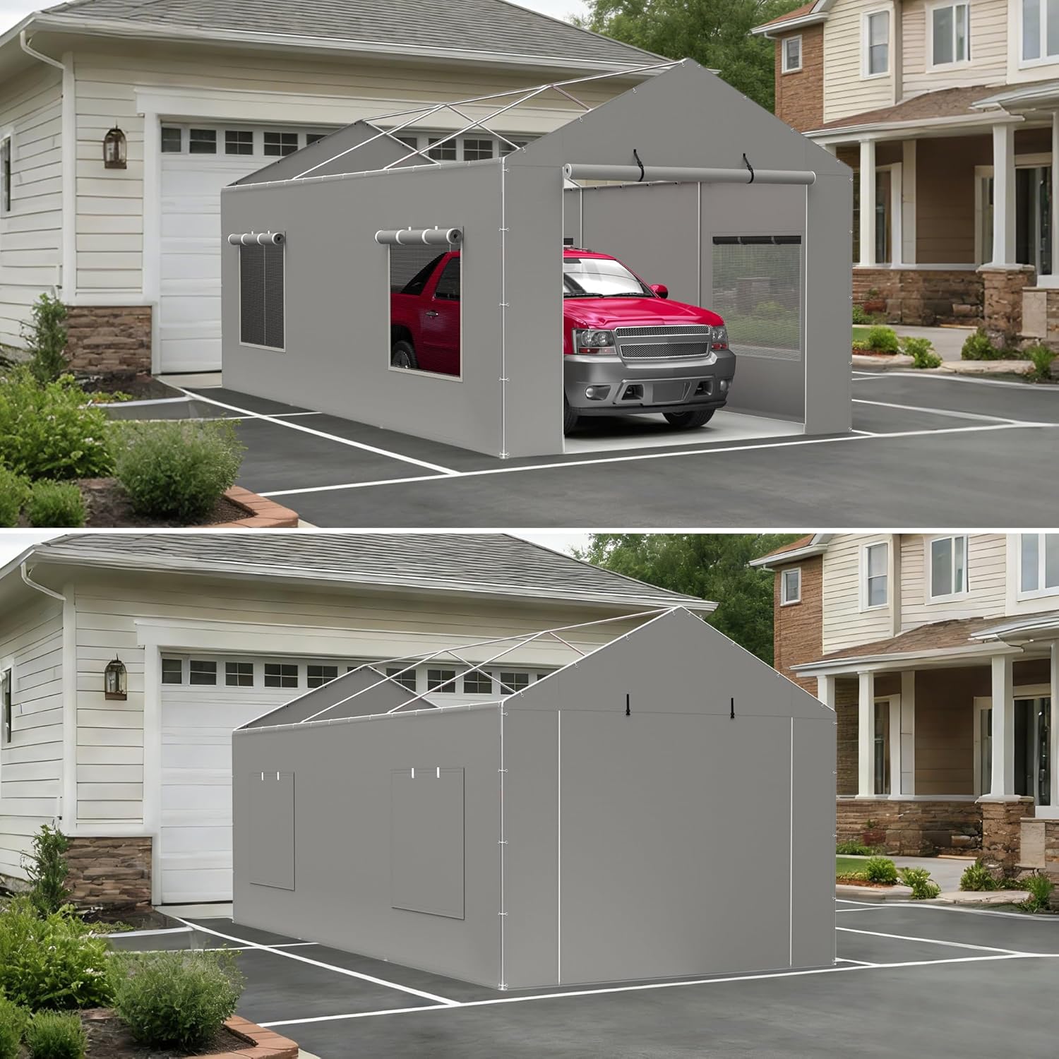 2 Pack Carport Canopy Replacement Sidewalls with Roll-up Windows, 2 Pack Zipper Doors for 10x20FT, Waterproof & UV Protected, Easy Assembly with Ball Bungees, Grey (Frame and Top Cover Not Included)