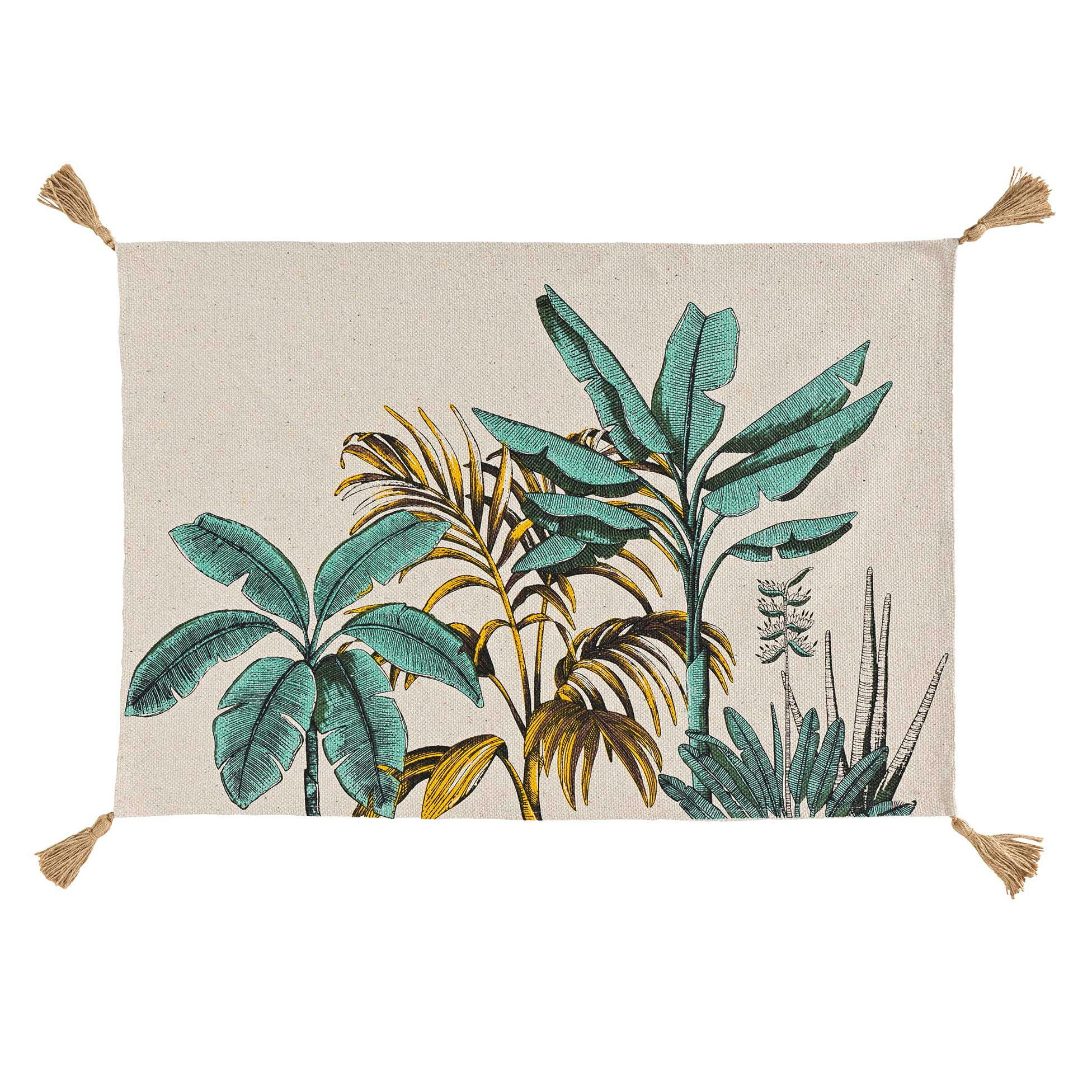 BALINESIA - Tapis imprimé feuillages exotiques à pompons coton multicolore 90x60cm