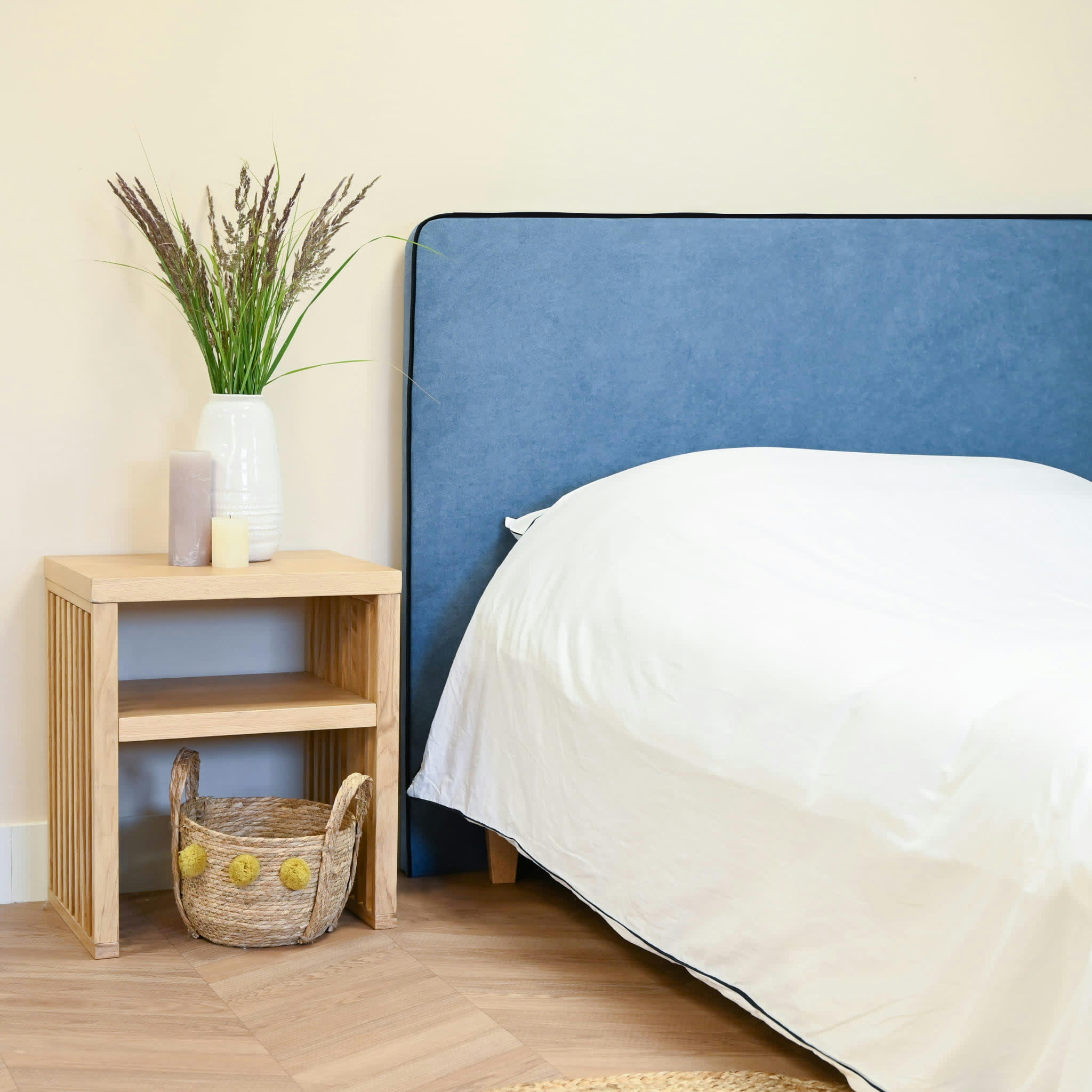 - Tête de lit en tissu bleu 160 cm