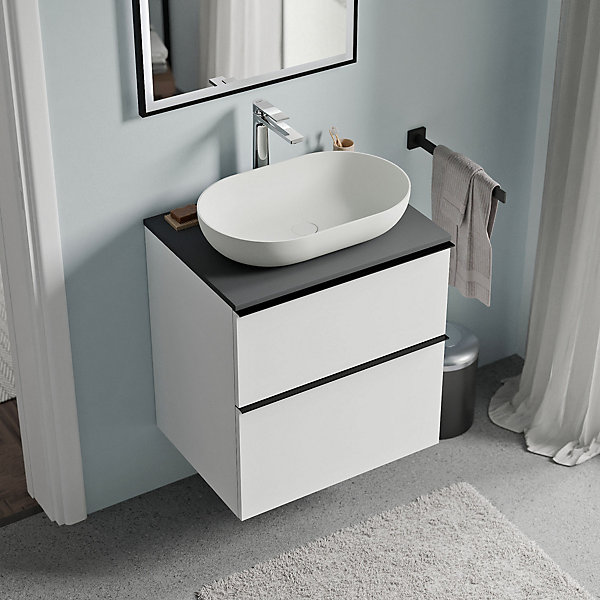 Meuble sous vasque suspendu MDF Blanc mat, plan vasque Anthracite mat, poignée Noir mat - 60x46x62cm - LAVOA