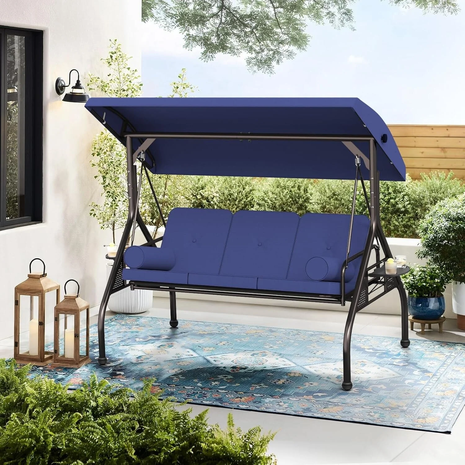 Outdoor Patio 3-Seat Porch Swing Cushioned Seat Bench Chair with Adjustable Tilt Canopy & Side Trays