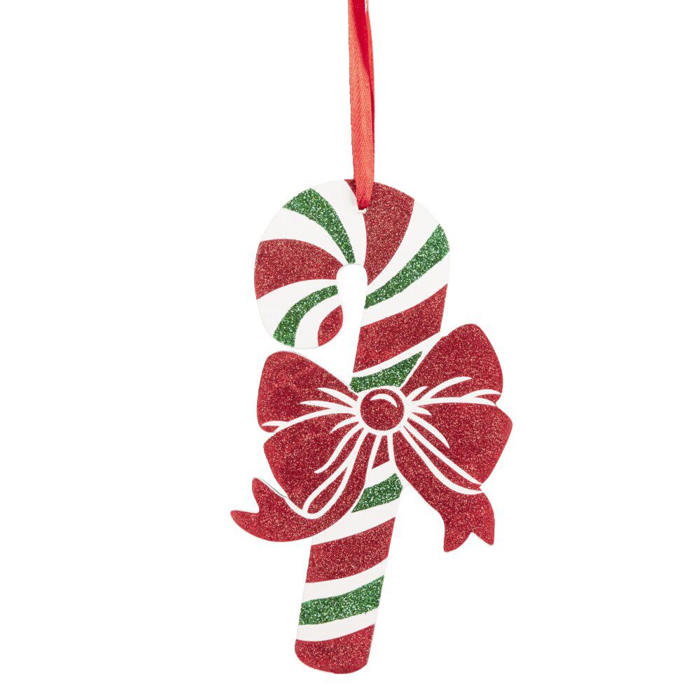 Suspension forme sucre d'orge en bois pailleté rouge et vert H.15 cm